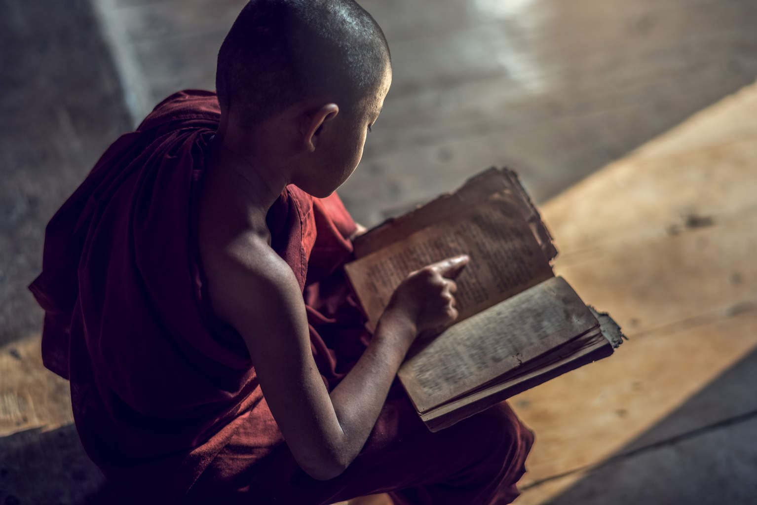 Young Buddhist novice monk reading and study in monastery Myanmar